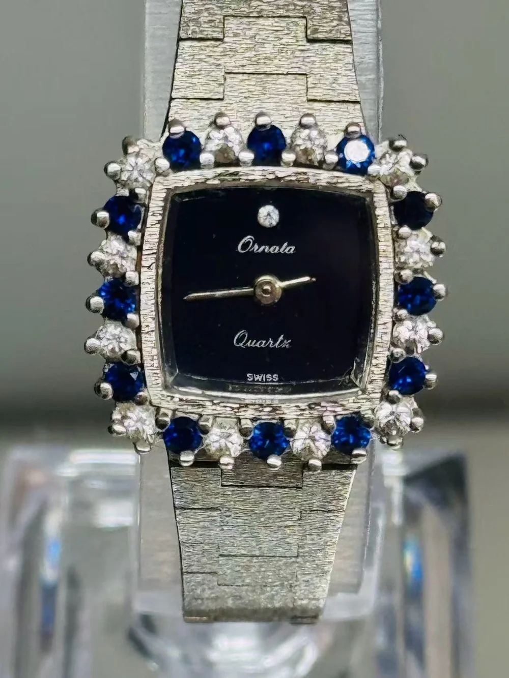 Vintage Women Swiss Quartz Watch Black Dial Blue Crystal Bezel New Battery Runs
